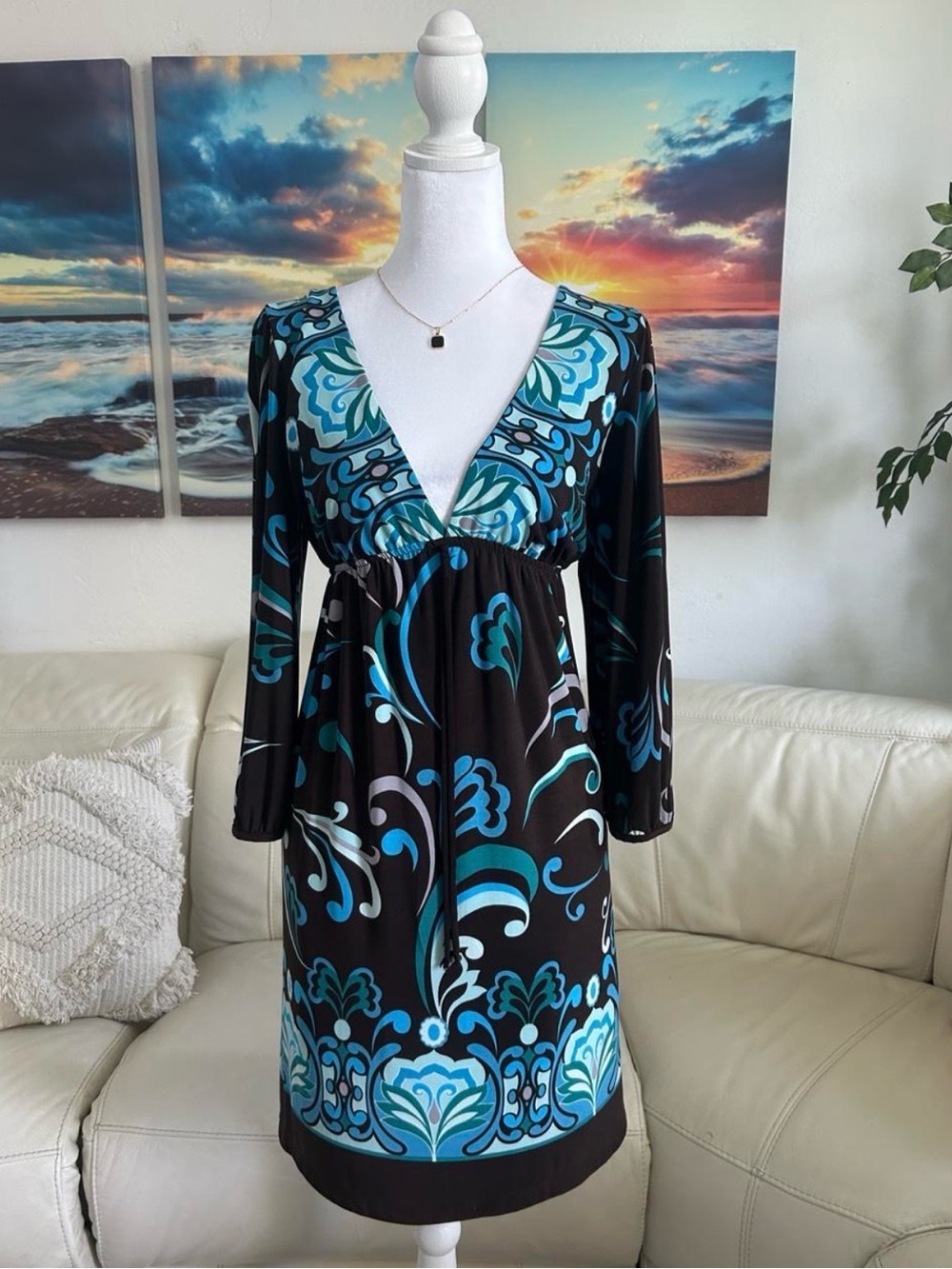 Rhapsody Black Dress with Teal and Aqua Floral Swirl